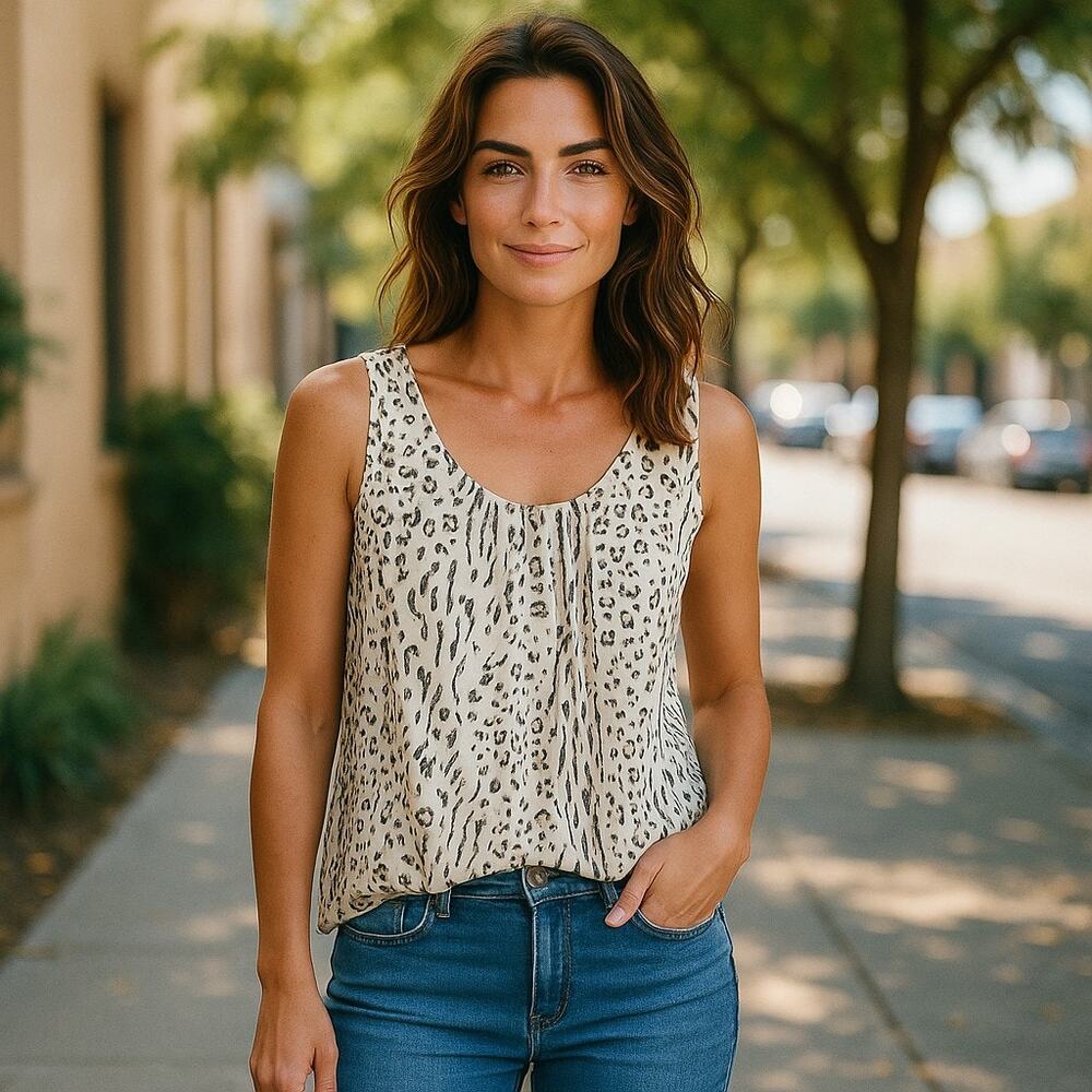 Sleeveless Scoop Neck Animal Print Tank Top - Cream Leopard